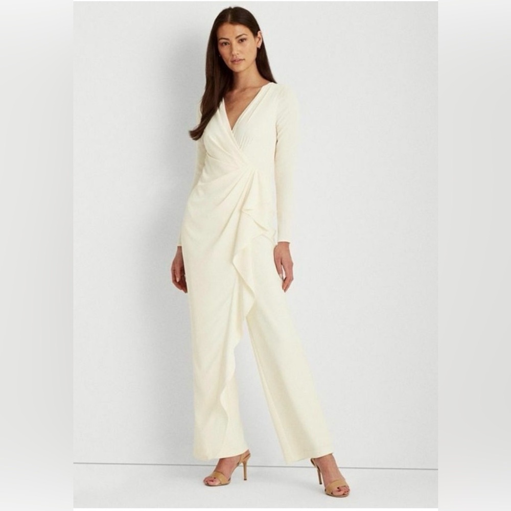 Ralph Lauren Cream Long Sleeve V-Neck Long Sleeve Georgette Draped Jumpsuit